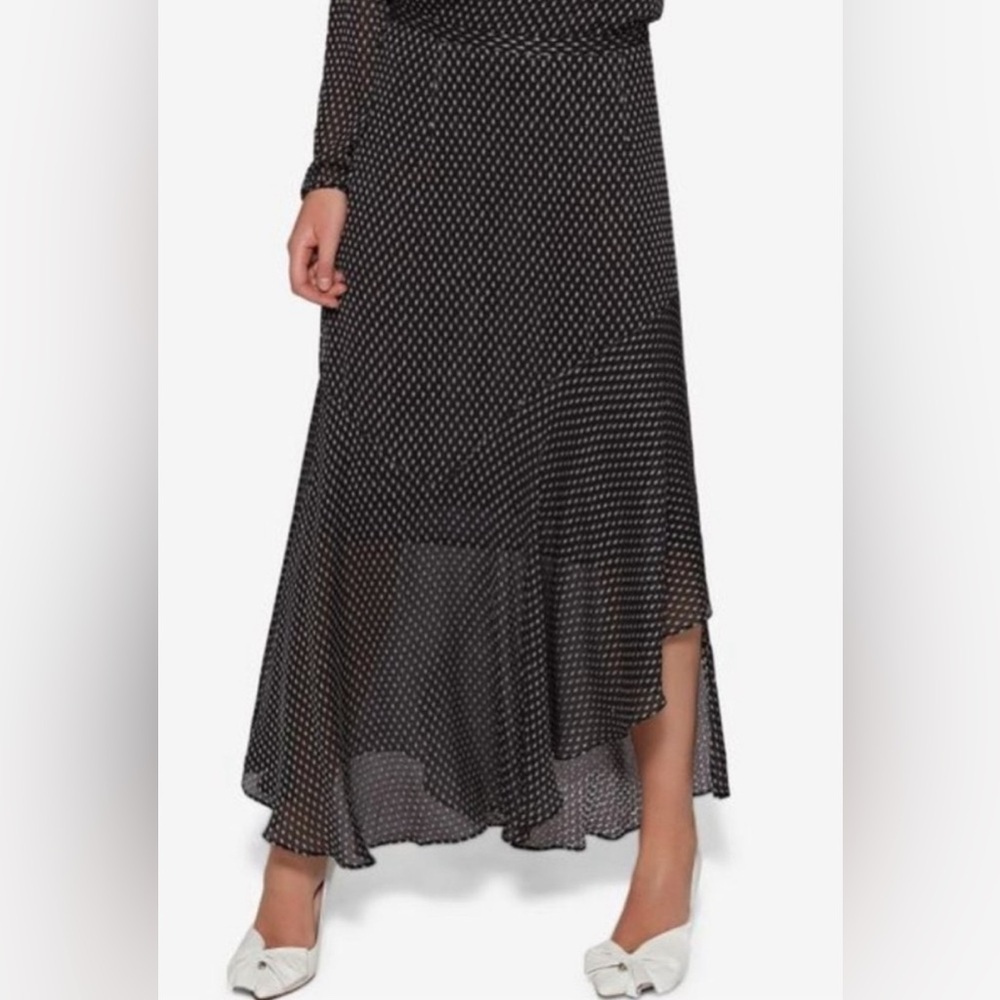 Avec Les Filles Maxi Skirt A-Line Asymmetrical Ruffled Hem Black White 4 NWOT